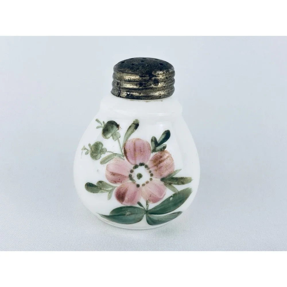 Antique Vintage Hand Painted Milk Glass shaker Early American Pattern Floral